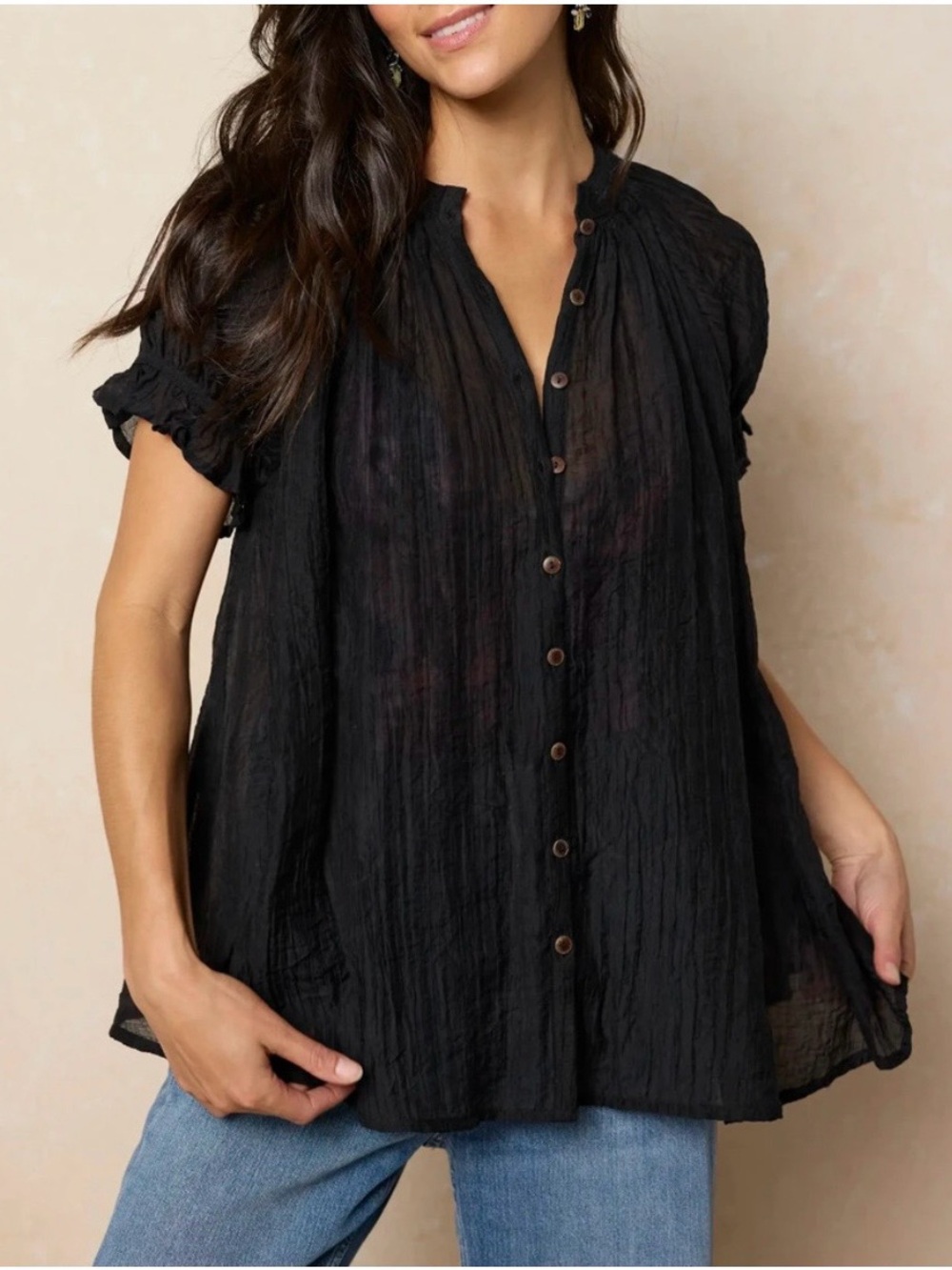 NATURAL LIFE Black Crinkled Y2K The Sweetest Thing Swing Blouse (rack)